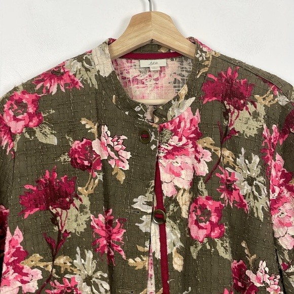 J Jill floral Jacket Womens L Button Down 2 Pocket Cardigan Pink Green Jacket - Picture 3 of 10